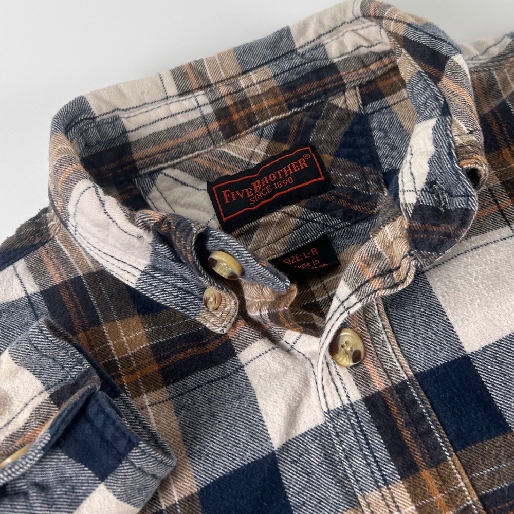 Five Brother Mens L Regular Casual Plaid Flannel Shirt Navy Blue Tan Cotton